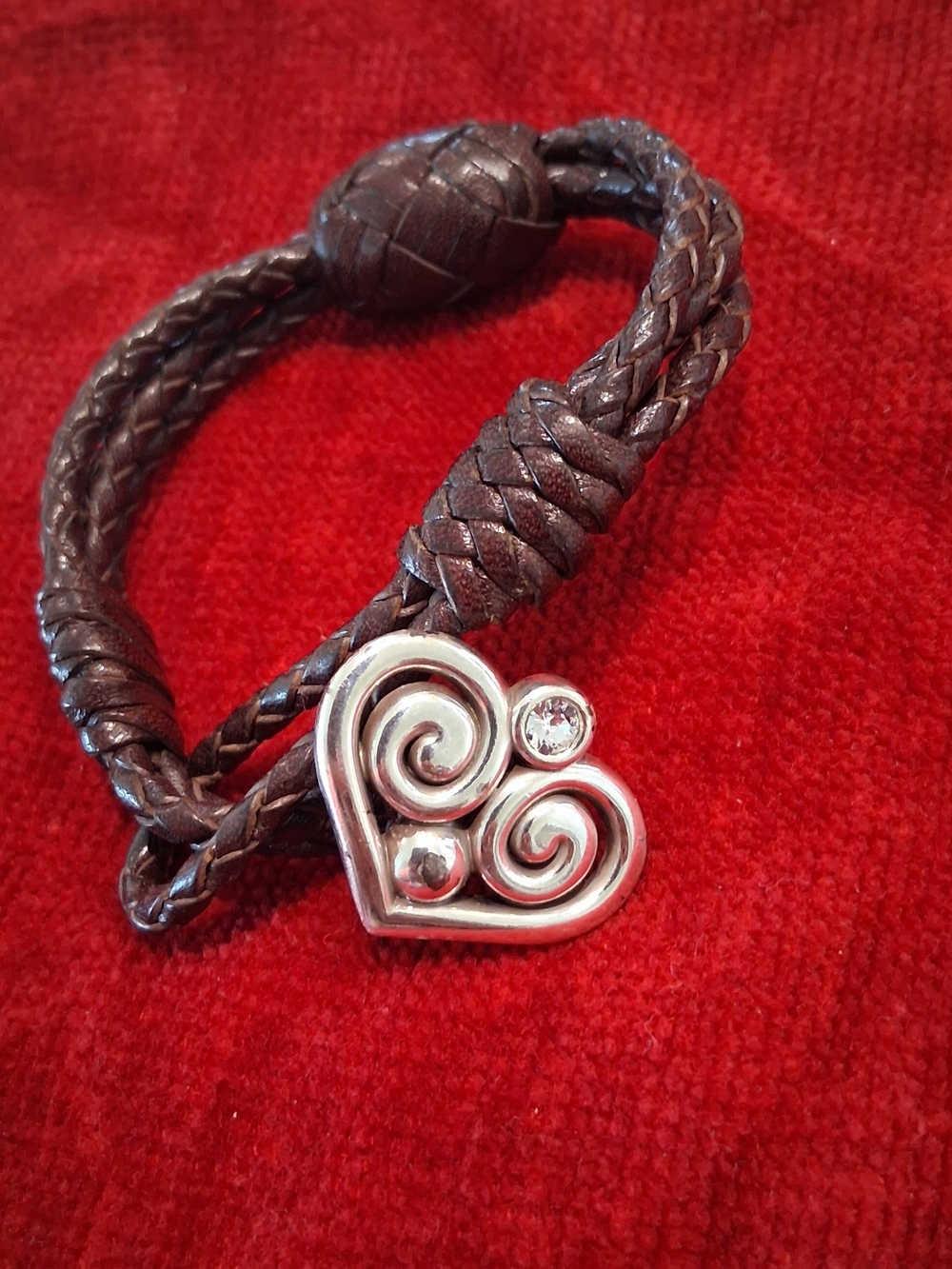 Brighton Brown Braided Leather Bracelet with Silver Heart Charm